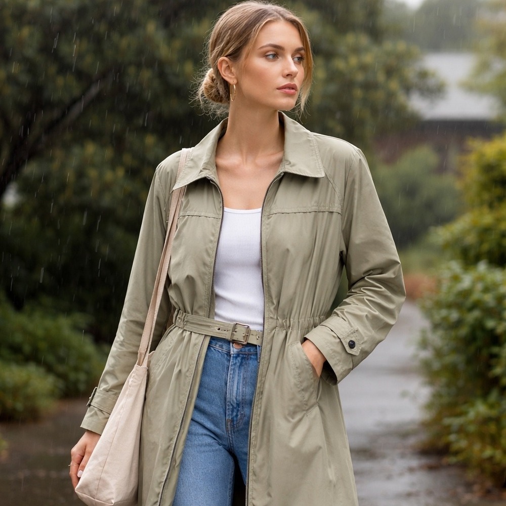 ExOfficio Travel Womens M Khaki Tan Long Trench Coat‎ Belted Zip Up Jacket Mesh